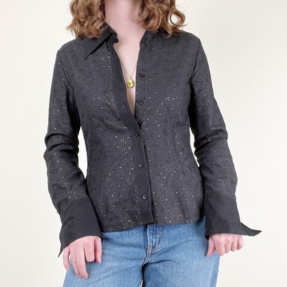 Vintage Silk & Linen Eyelet Lace Button Up Shirt Blouse Whimsigoth Witch 90s Y2K - Picture 5 of 5